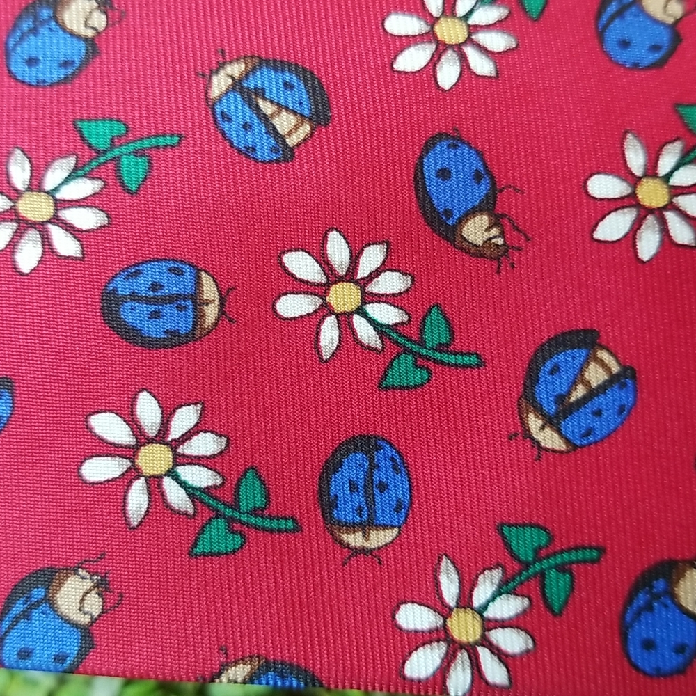 PINK Jermyn St London Daisy Daisies Red Silk Lady Bugs Neck Garden Whimsical TIE - Picture 8 of 12